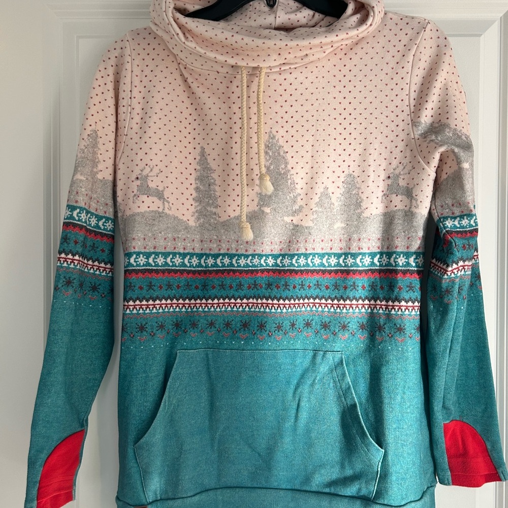 Cozy Winter Wonderland Hoodie - Cream and Teal